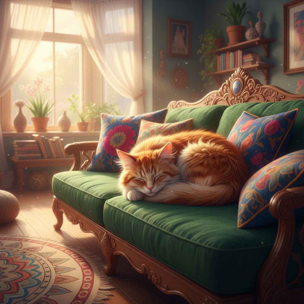 A relaxed cat napping on a couch, enjoying a familiar environment Camille's Petsitting