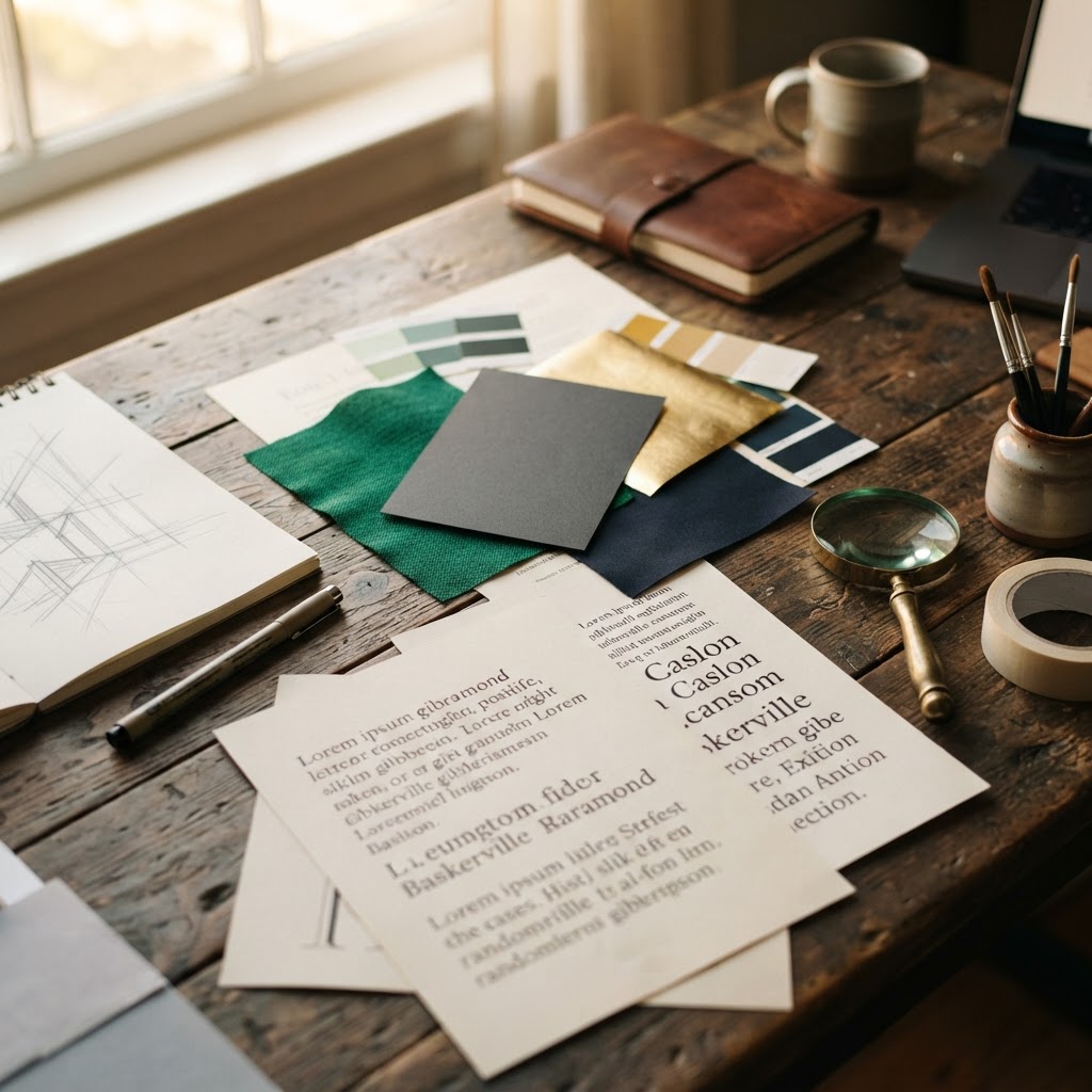 Professional color palettes and serif typography in print media