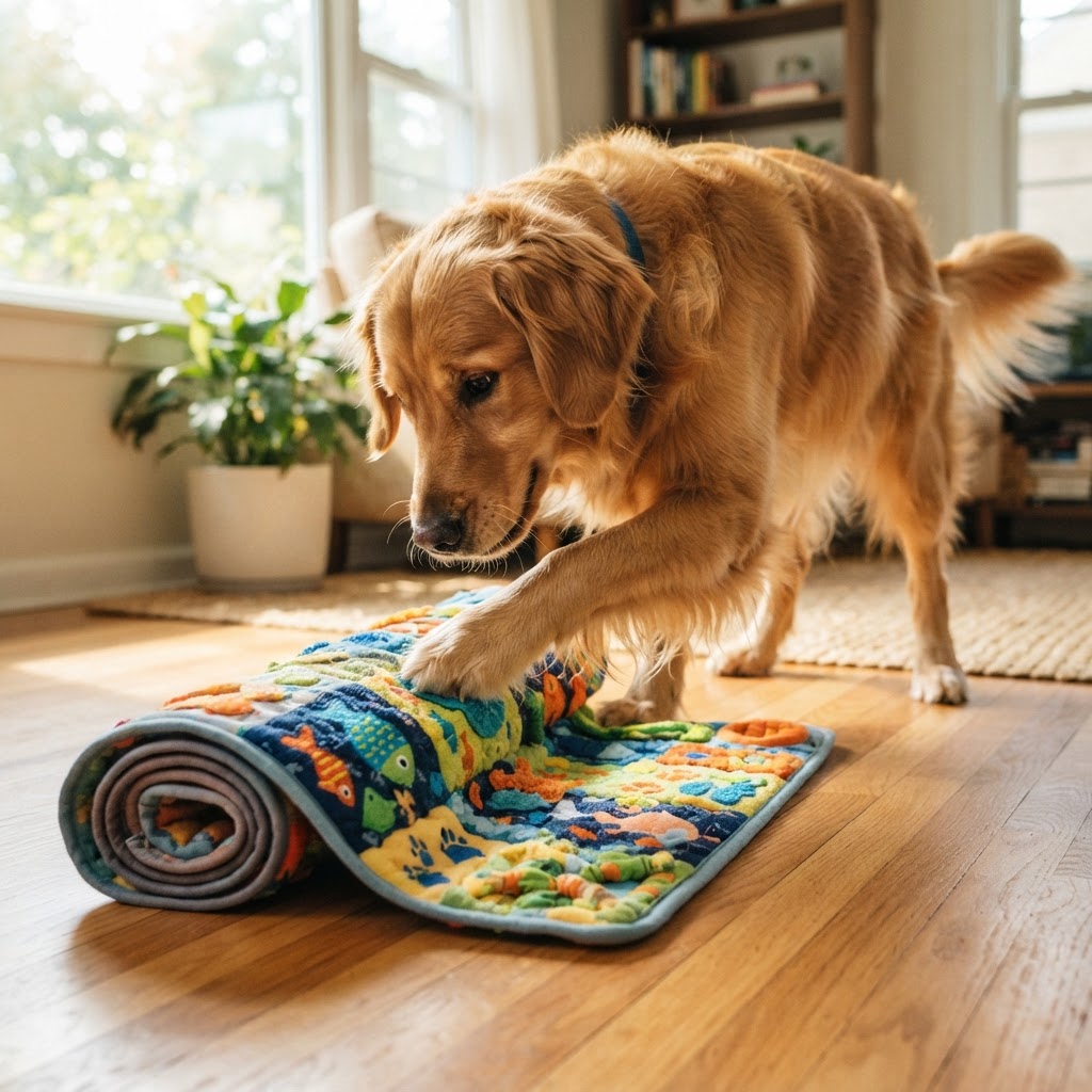 Dog unrolling a DIY bath mat snuffle puzzle with its paws and nose.
