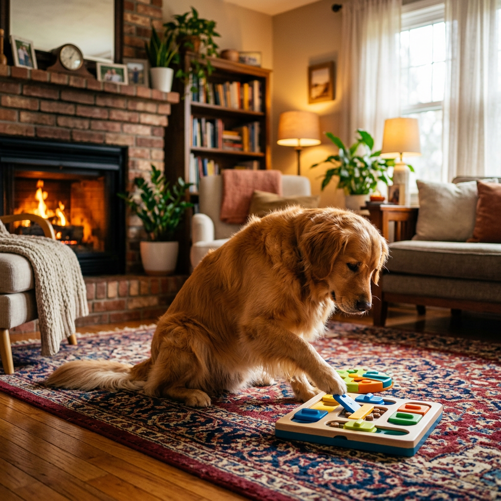 Dog focused on a puzzle toy with treats.