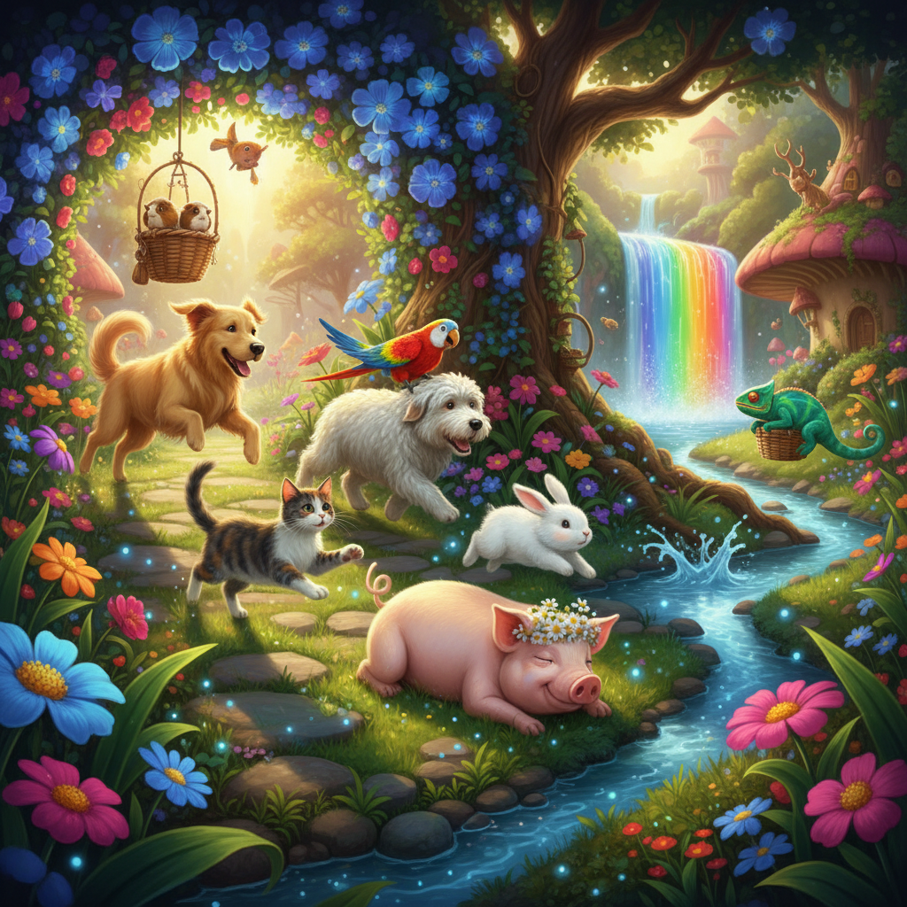 Different pets playing together outside, showcasing harmony and fun.