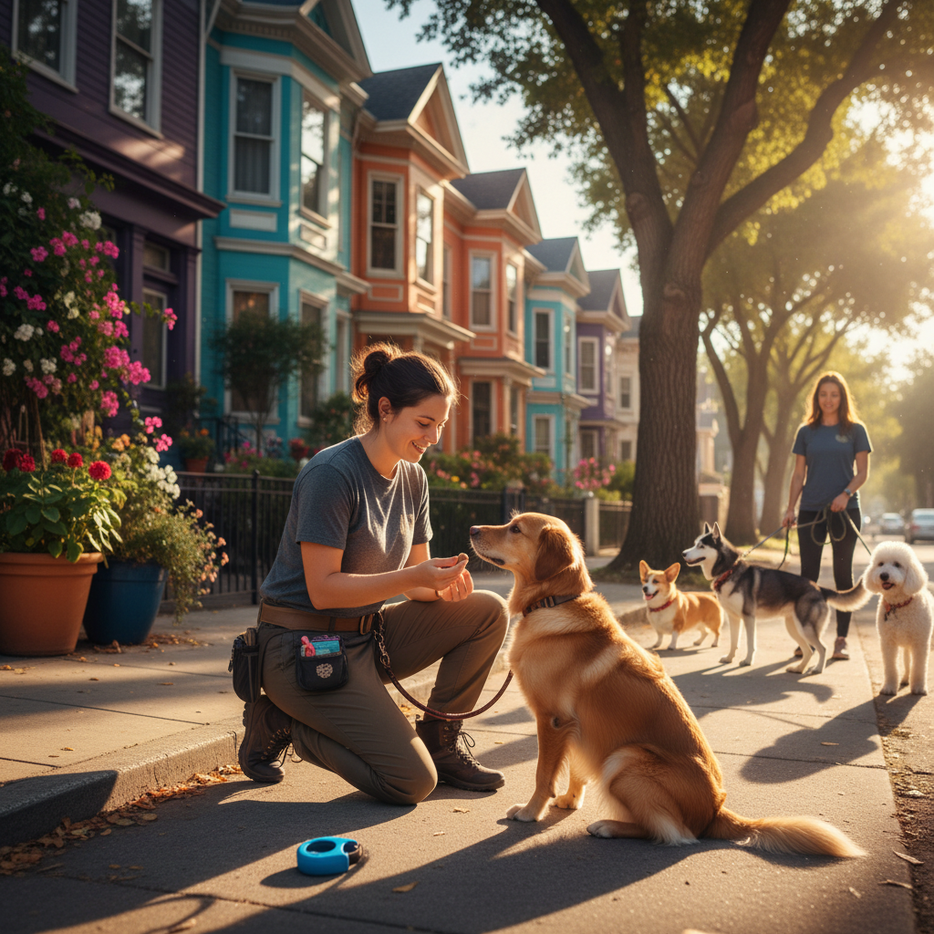 Training a large dog with treats during a walk.