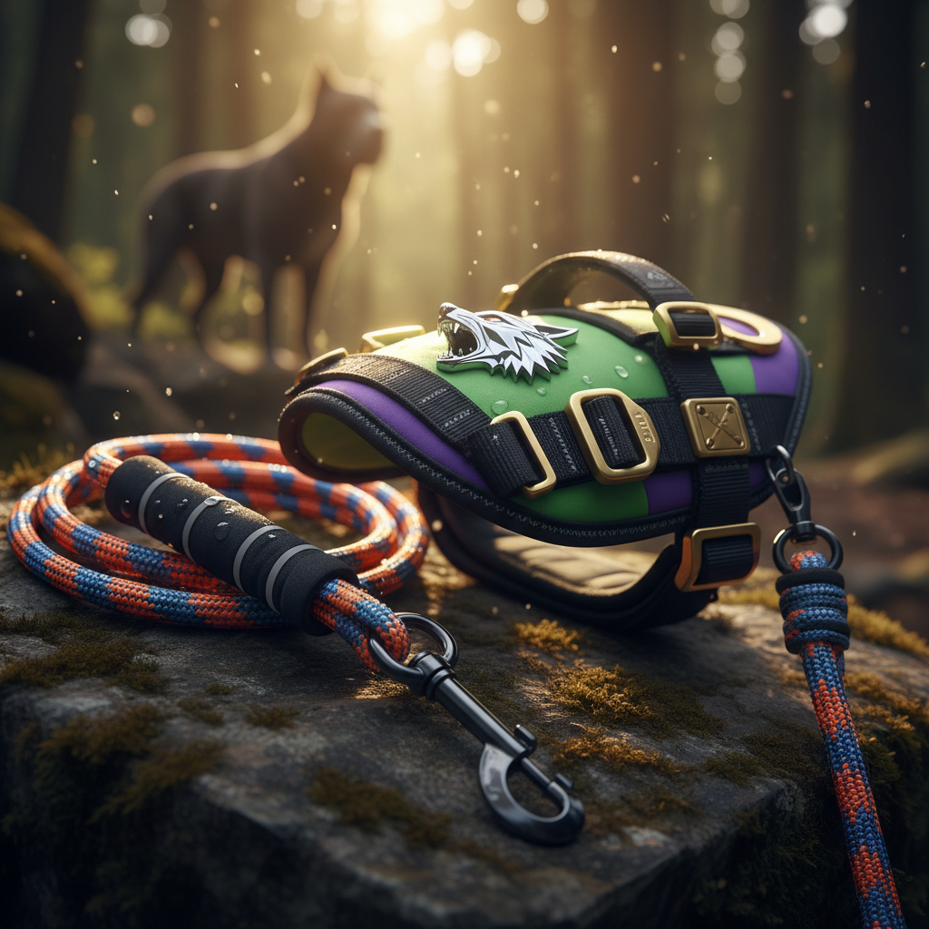 High-quality leash and harness for large energetic dogs.