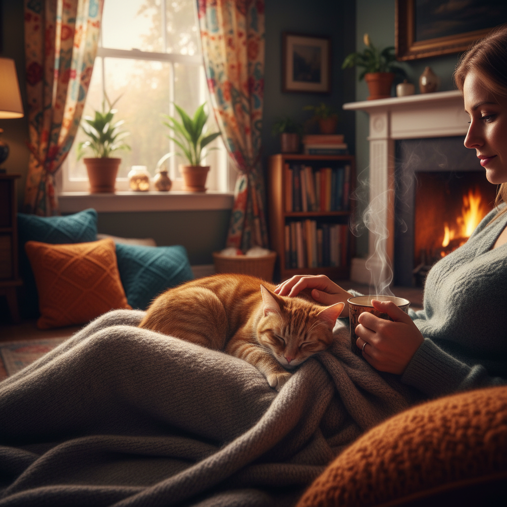 Cat enjoying care from a petsitter at home.
