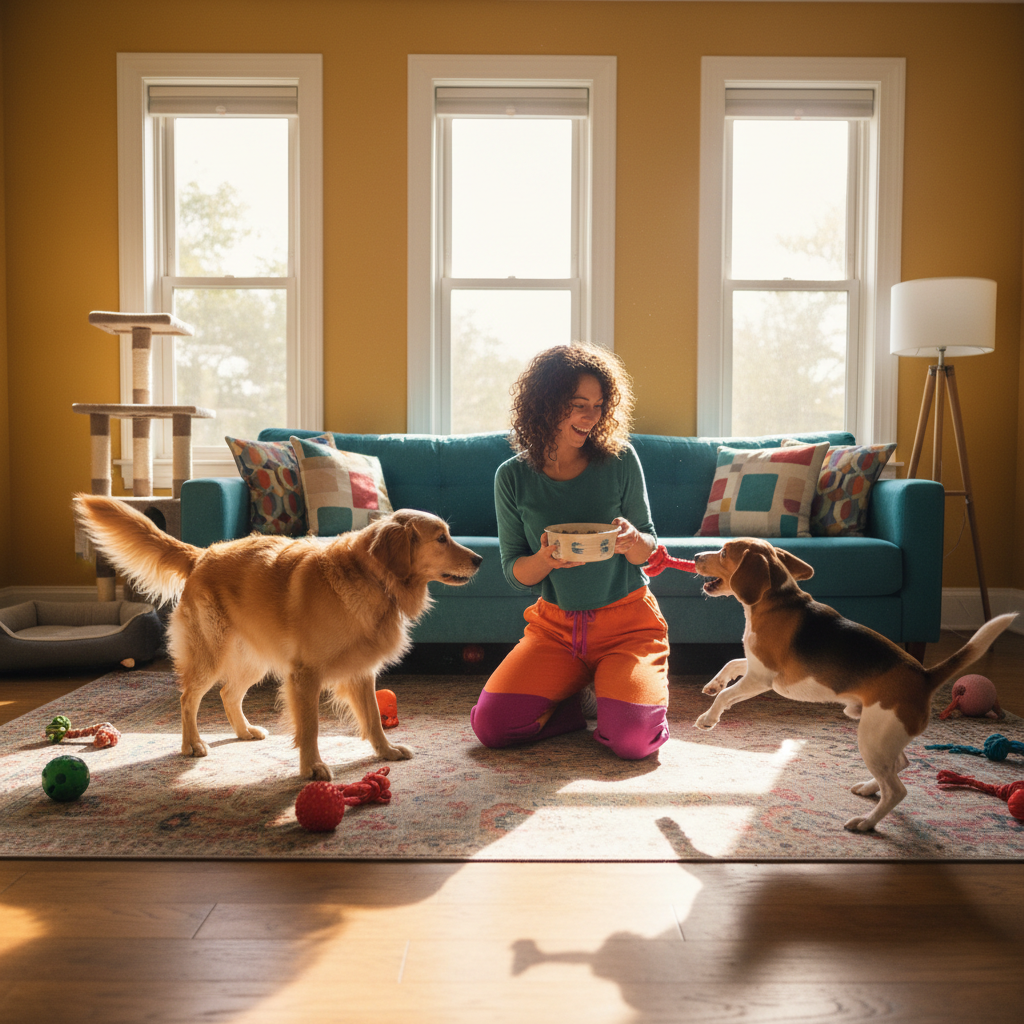 A petsitter feeding two dogs in a cozy living room.
