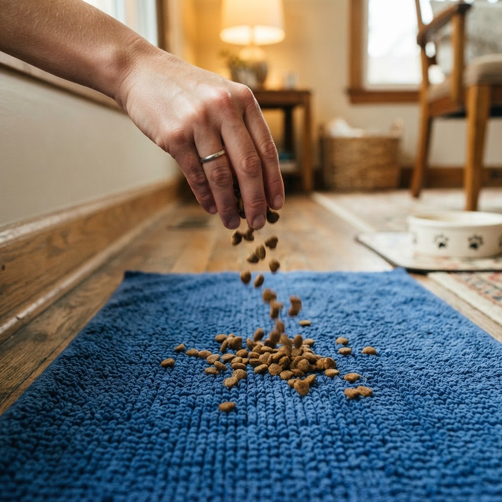 Hand sprinkling dry dog kibble onto a blue bath mat before rolling it up.