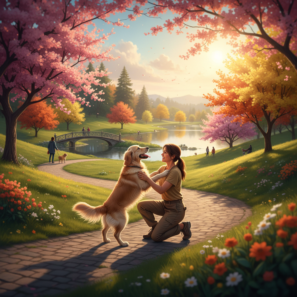 Pet sitter and large dog enjoying a walk in the park.