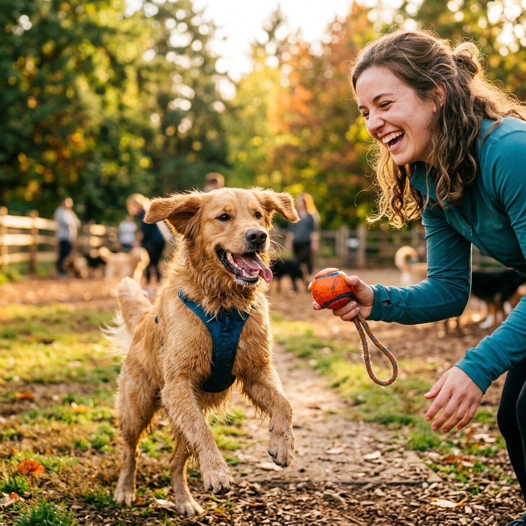 Camille playing fetch with a dog at a local dog park.