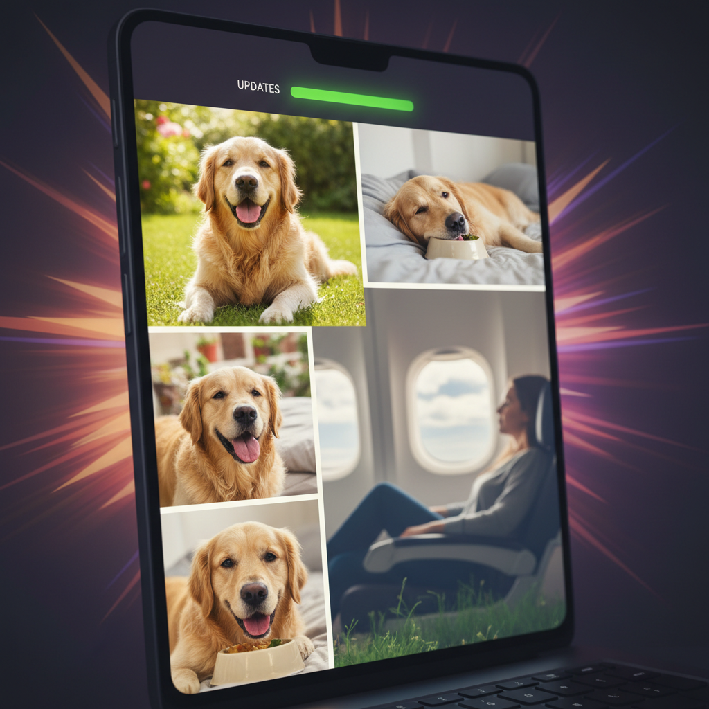Happy pet updates shown on a phone for a pet owner on vacation.