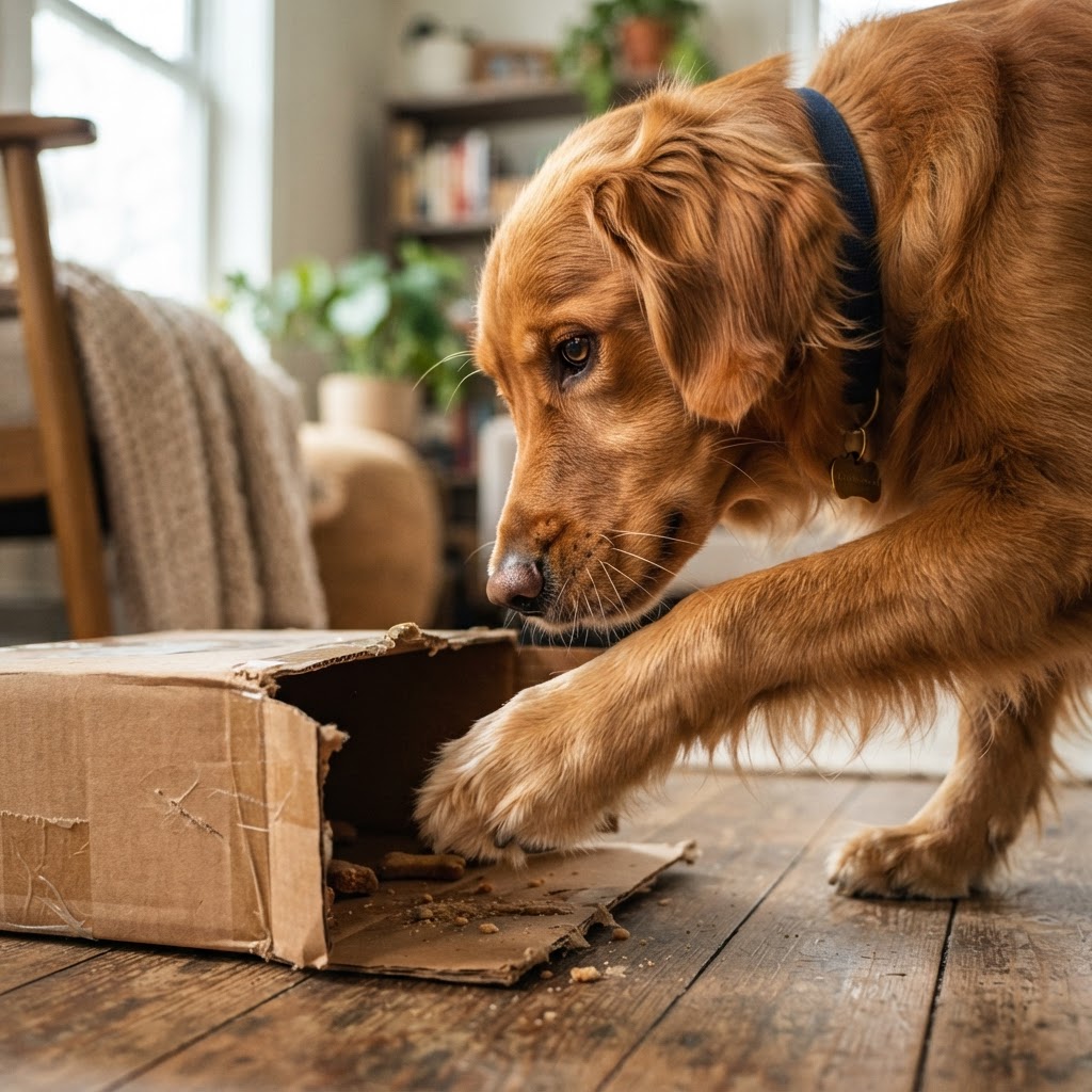 A puppy playing with a cardboard puzzle toy