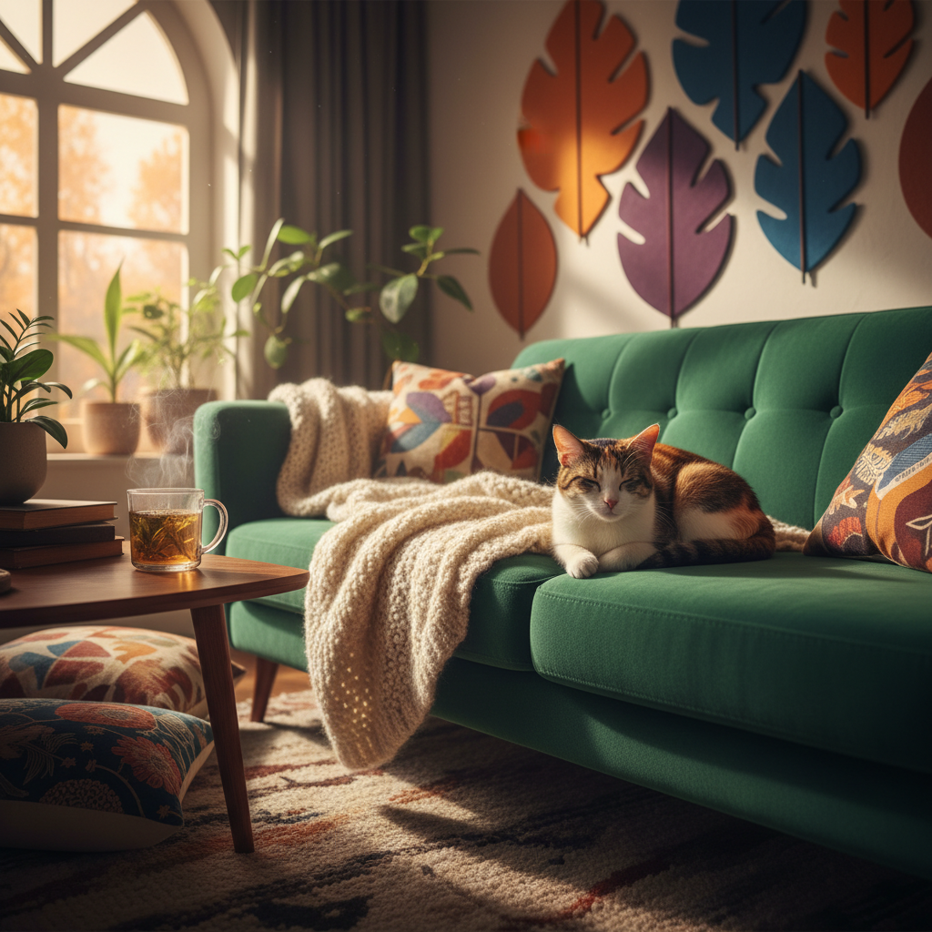 Content cat relaxing on a cozy couch.