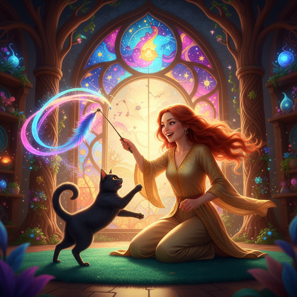 An owner using a wand toy to play with a cat, building trust.