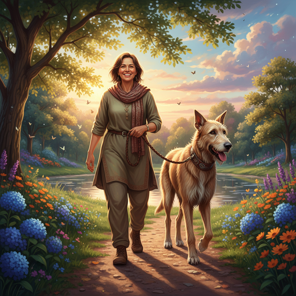Pet sitter walking a large dog gracefully.