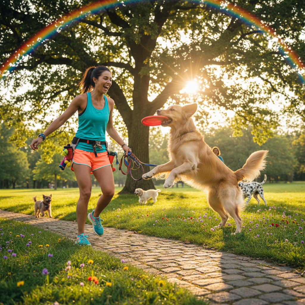 Pet sitter and dog playing in a park.