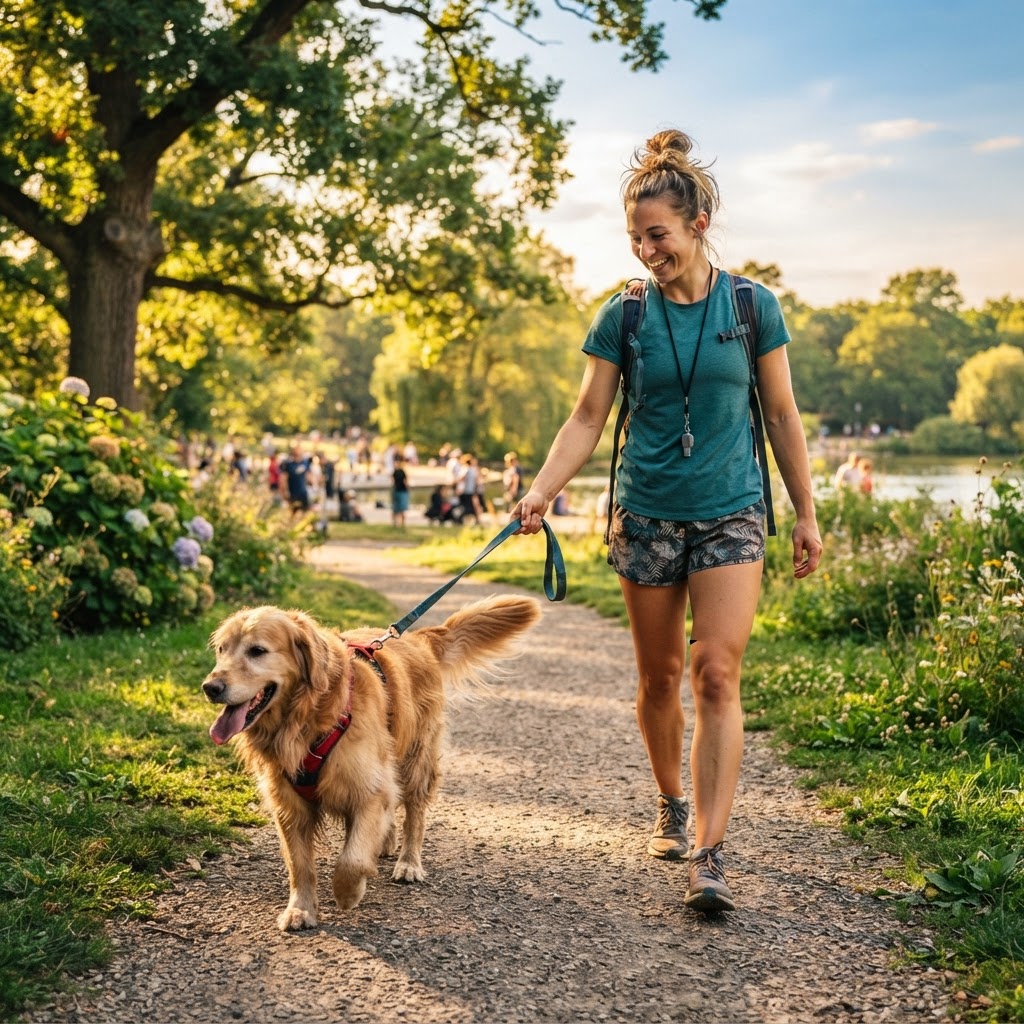 Petsitter walking a happy and tired dog on a leash in a sunny park.