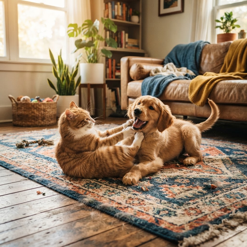Pets enjoying playtime with their sitter
