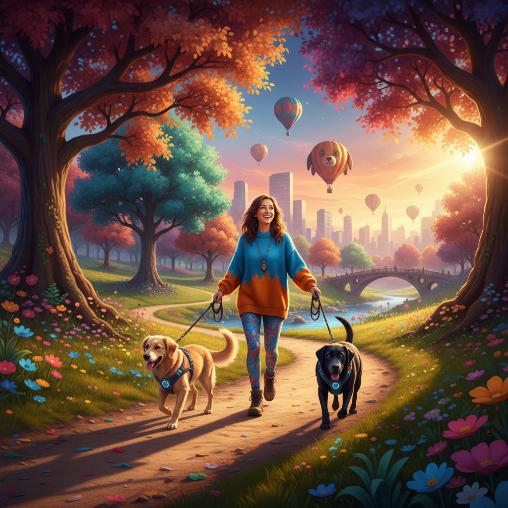 Petsitter happily walking a dog in a sunny park.