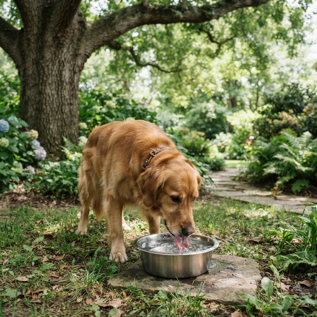 dog staying hydrated in the shade
