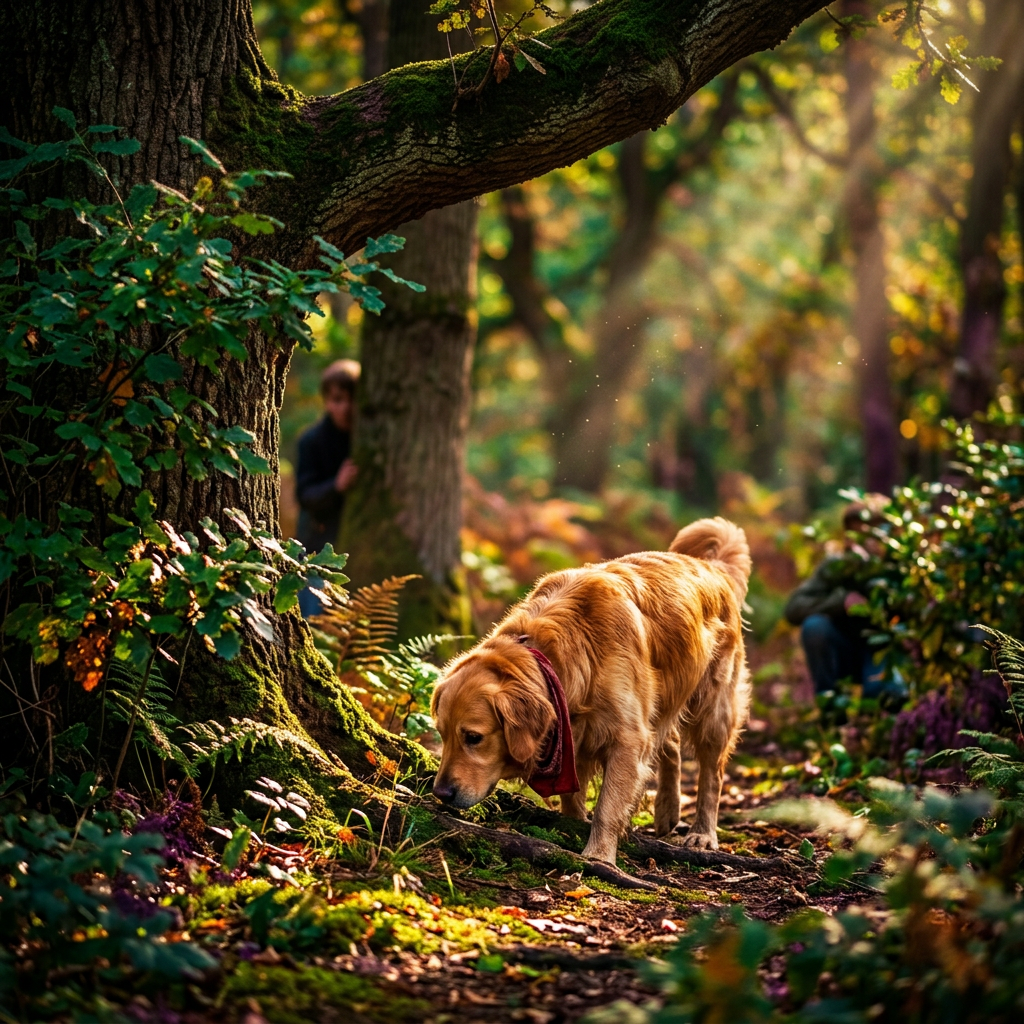 Dog searching for owner while playing hide and seek.