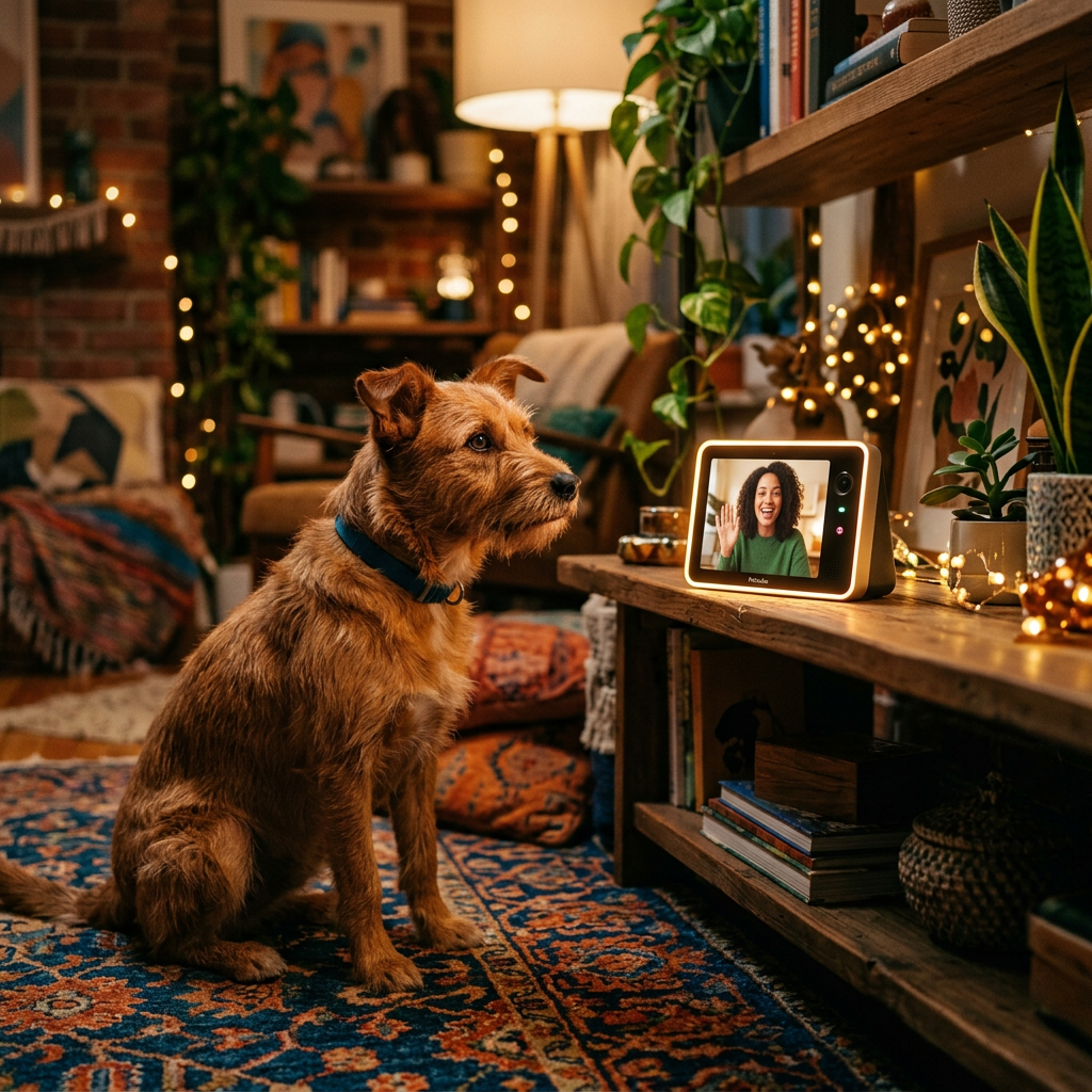 Dog watching its owner through a pet camera.