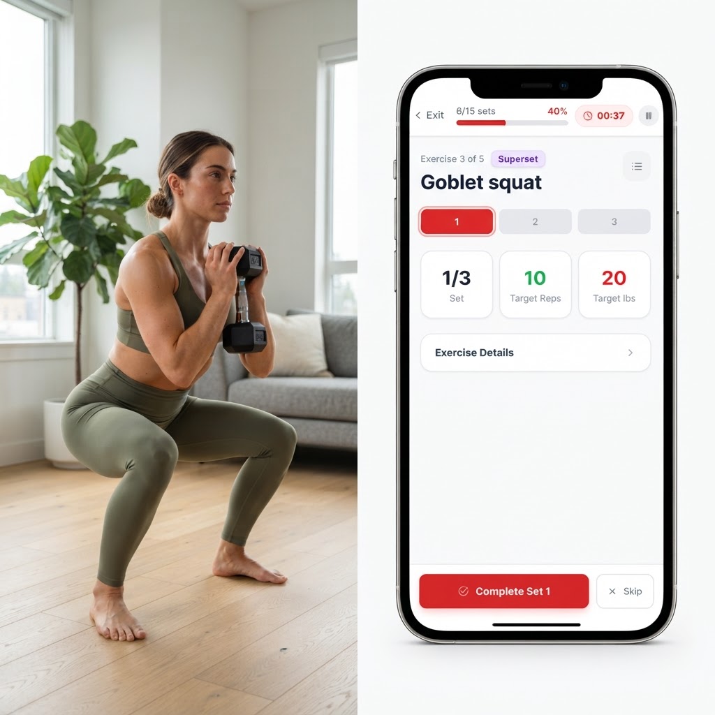 Person doing a goblet squat at home using the On The Move coaching app
