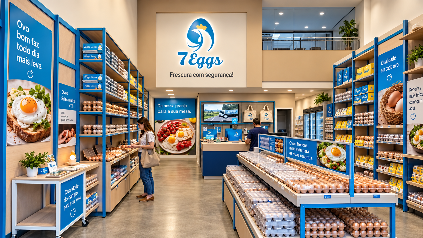 Interior da loja 7eggs com área de atendimento e exposição de ovos.