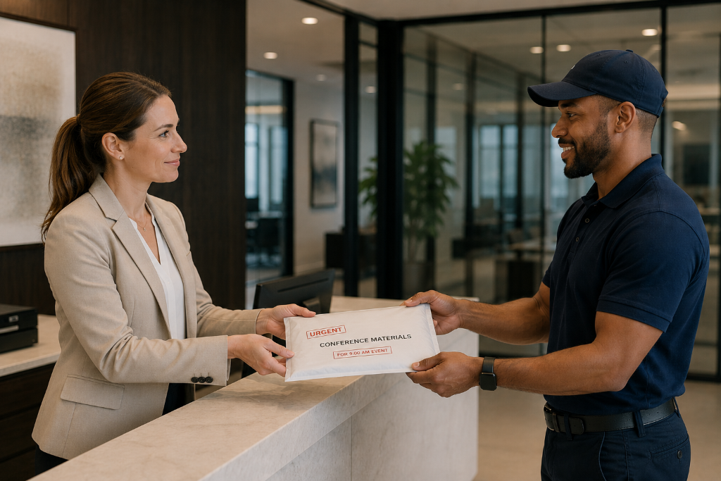 GoBluServe courier delivering confidential documents to a professional office