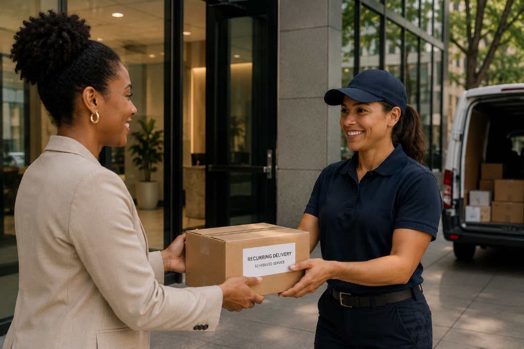 GoBluServe courier carrying confidential business documents outside a professional office