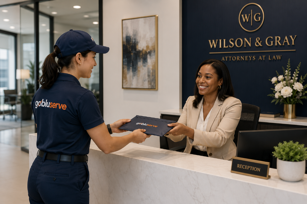 GoBluServe courier professionally handing business documents to a receptionist in a modern law office.