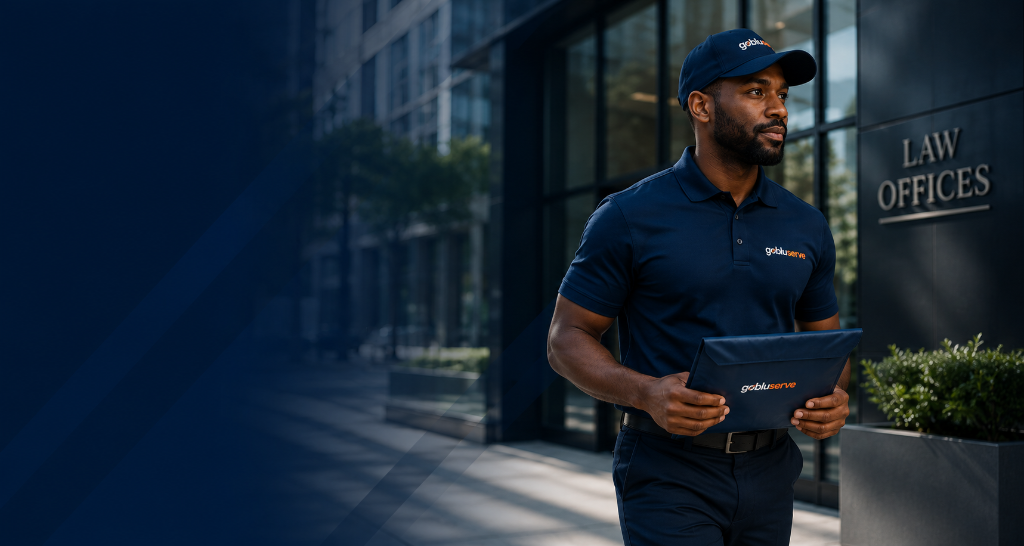 GoBluServe courier with document folder at a law office