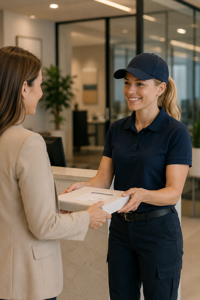 GoBluServe courier handing documents to reception staff