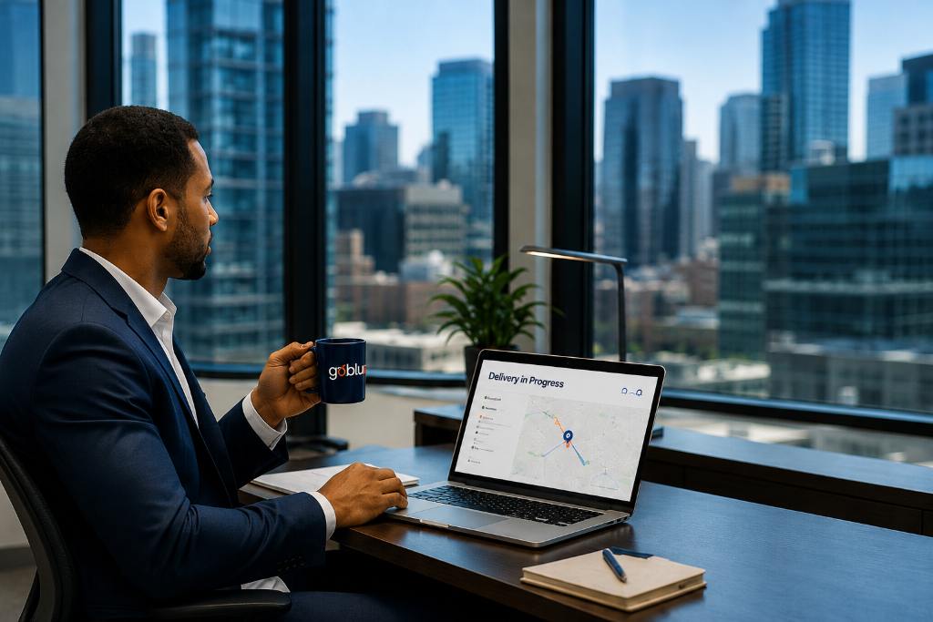 Professional at desk with delivery tracking dashboard