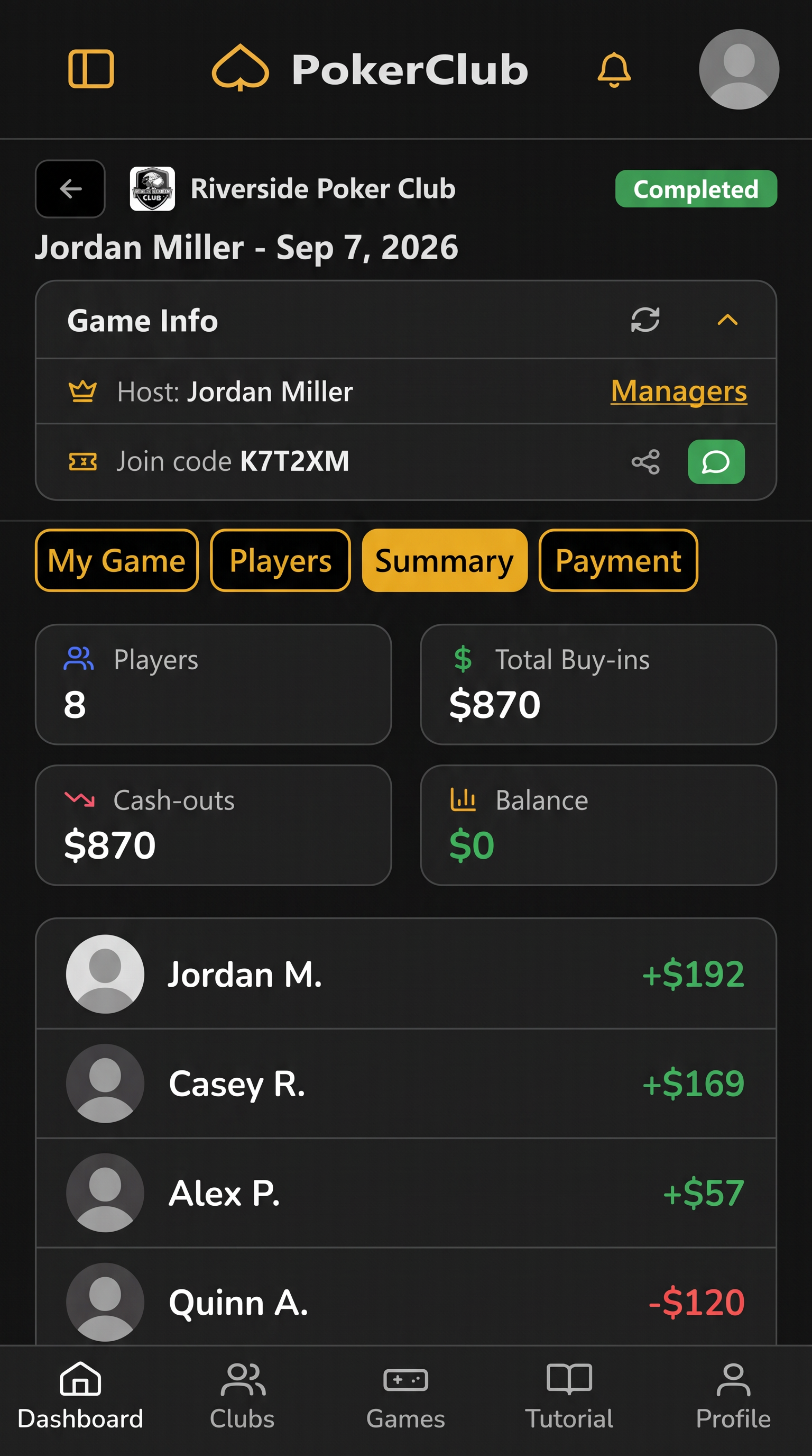 Poker Night Club mobile game view showing game info, buy-ins and balance