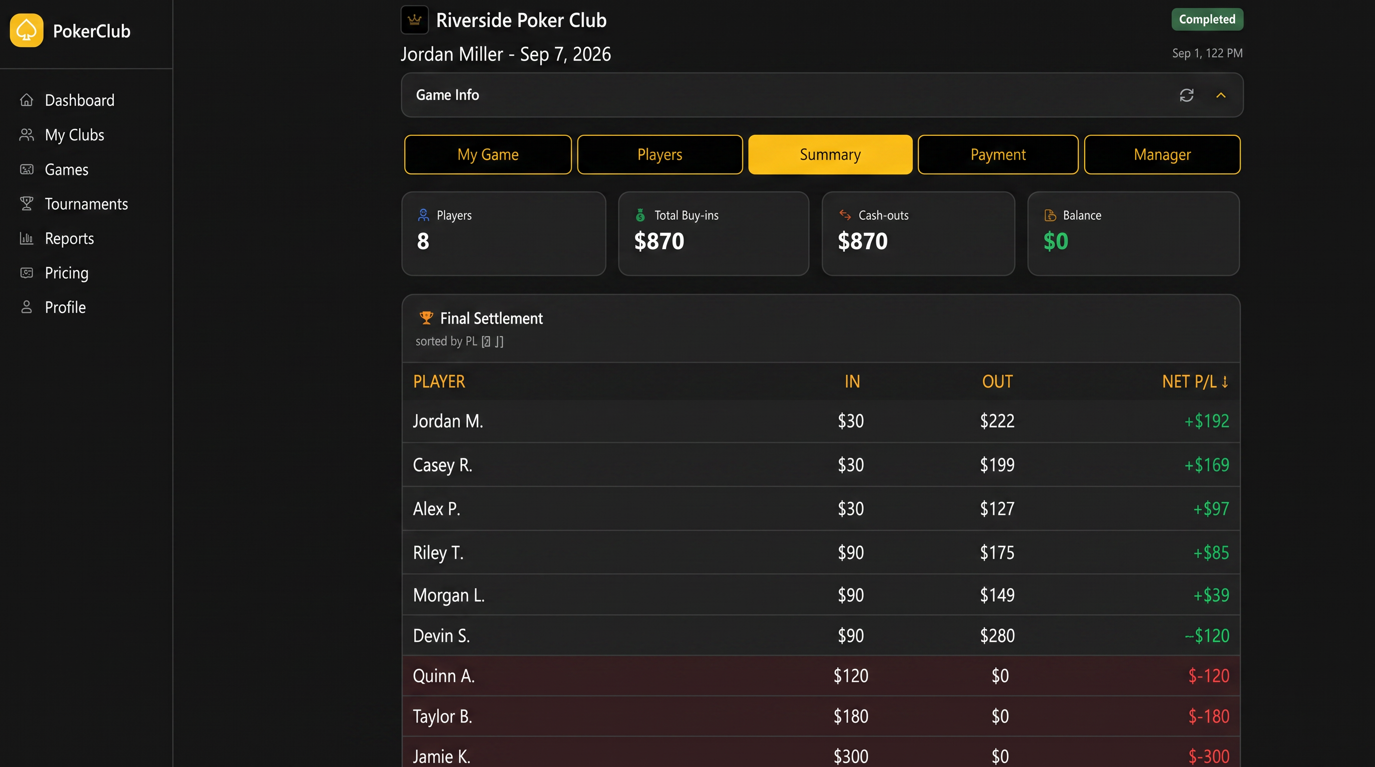Poker Night Club desktop game summary showing buy-ins, cash-outs and the final settlement table