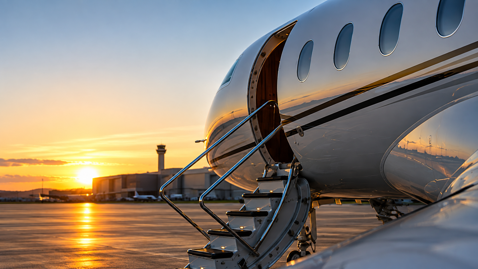 Jet privé au coucher du soleil sur le tarmac, porte cabine ouverte