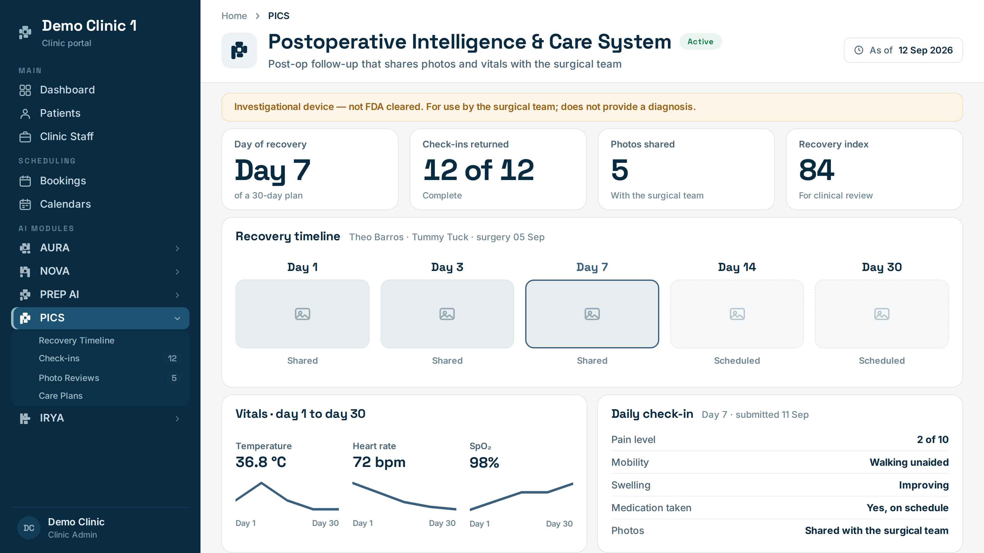 PICS dashboard showing post-op follow-up