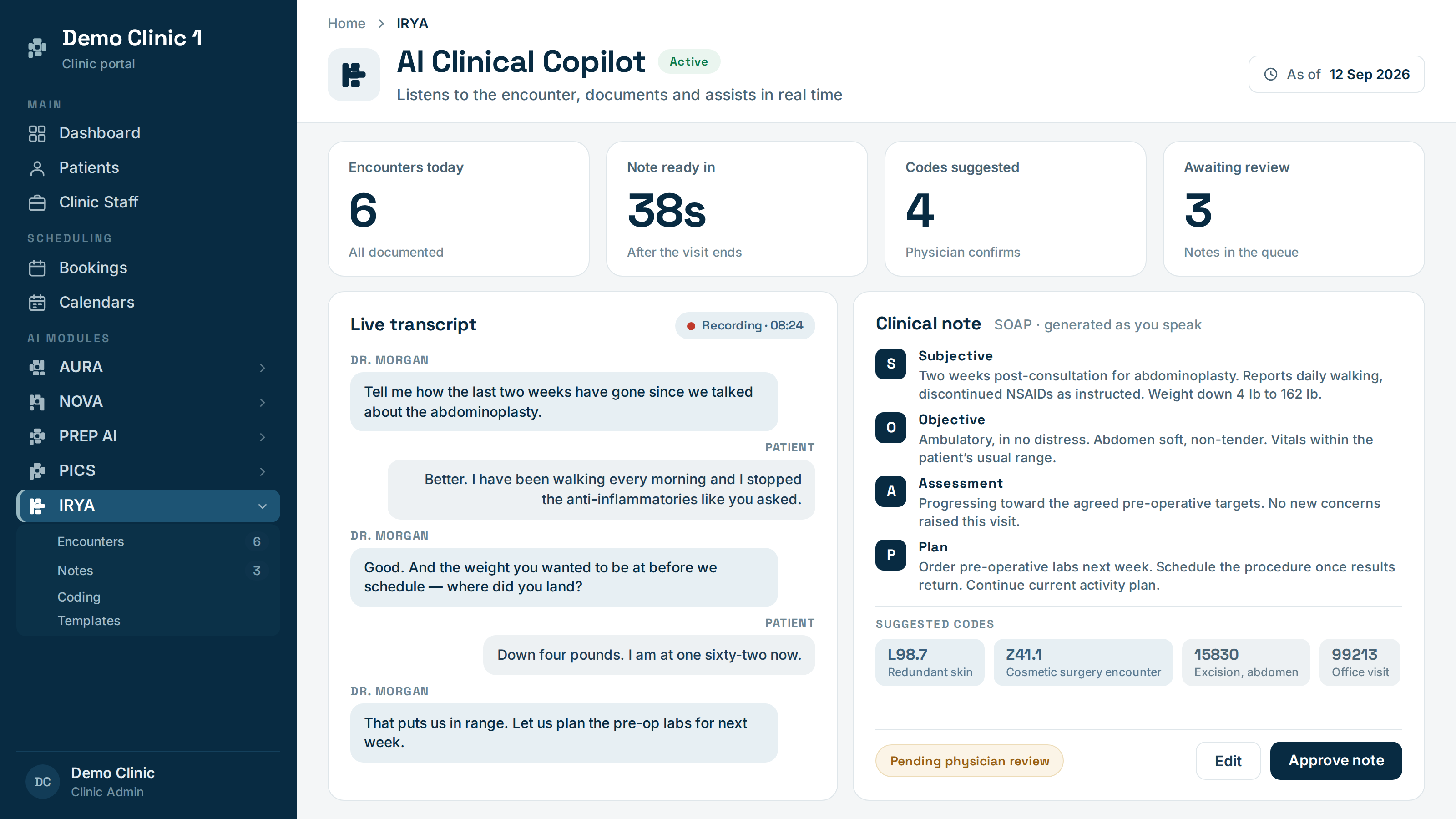 IRYA dashboard showing assisted clinical documentation