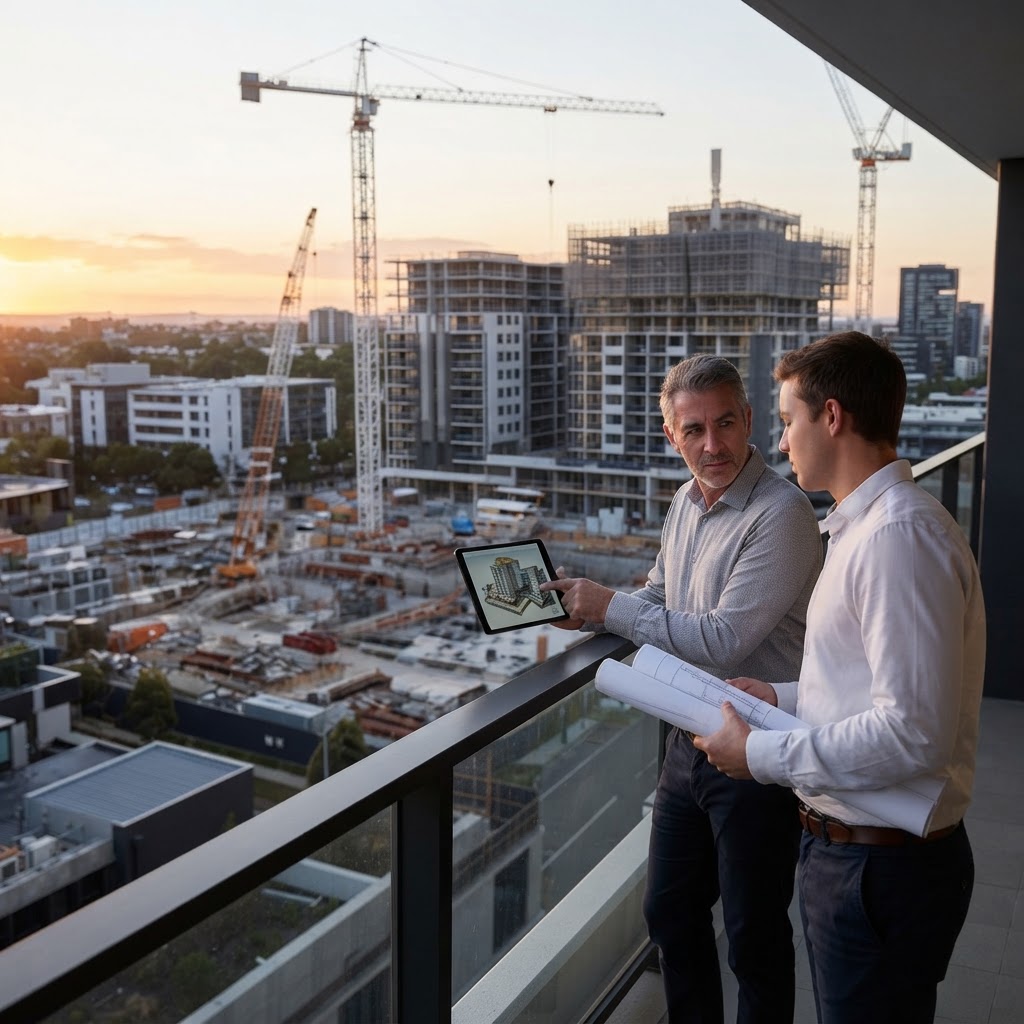 Illustrative image: two property entrepreneurs reviewing plans on a tablet overlooking an apartment development