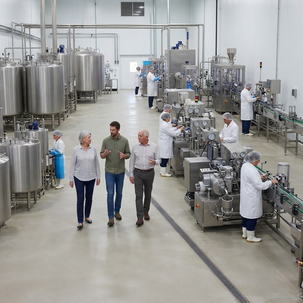Illustrative image: family business management walking through a stainless steel dairy manufacturing facility