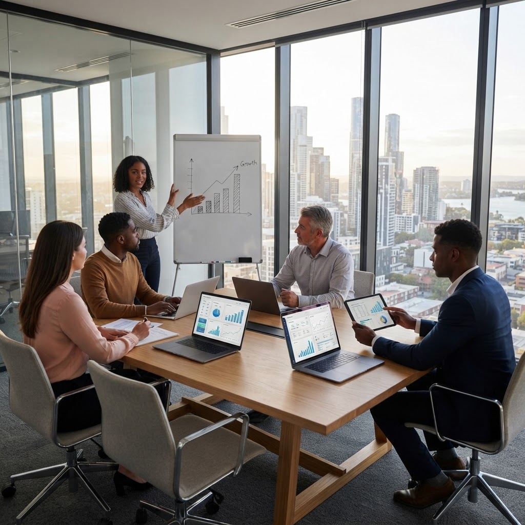 Illustrative image: health-tech management team discussing funding and growth in a modern office