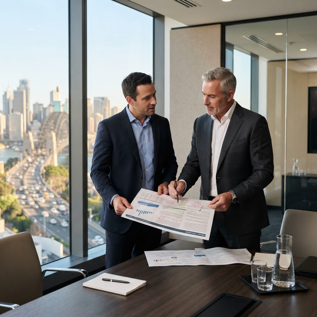 Business owner and adviser reviewing a strategic transaction
