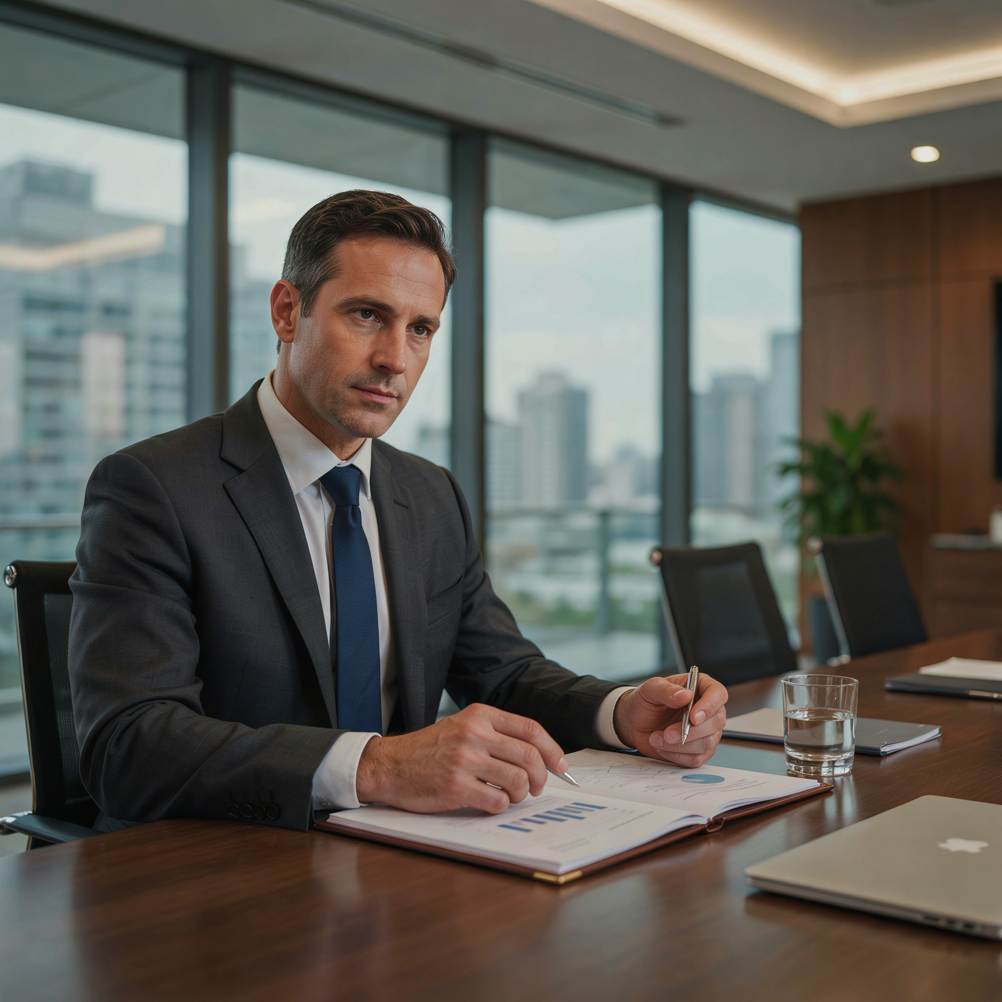 Australian business owner reviewing financial charts in a boardroom overlooking a city skyline