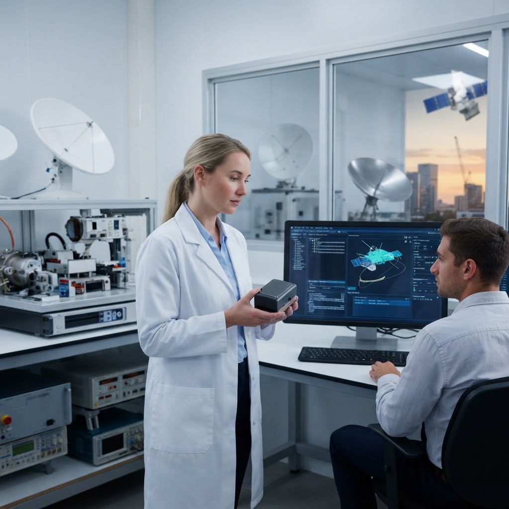 Illustrative image: engineer holding a compact navigation sensor in a deep-tech laboratory