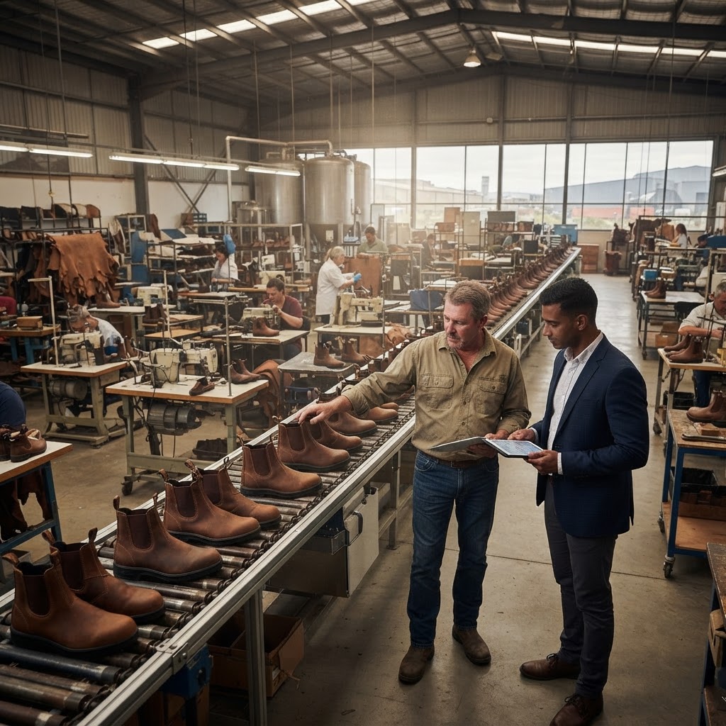 Illustrative image: owner and investment partner inspecting a work-boot production line