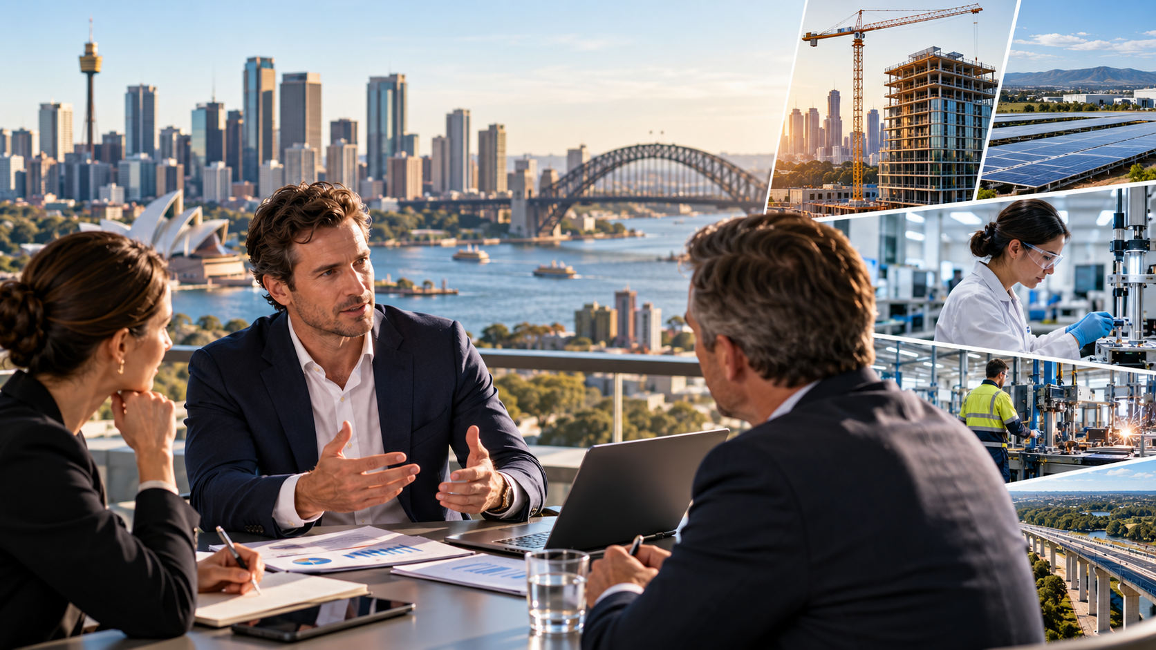 Australian business owners meeting investors overlooking Sydney Harbour, with images of construction, solar, manufacturing and research