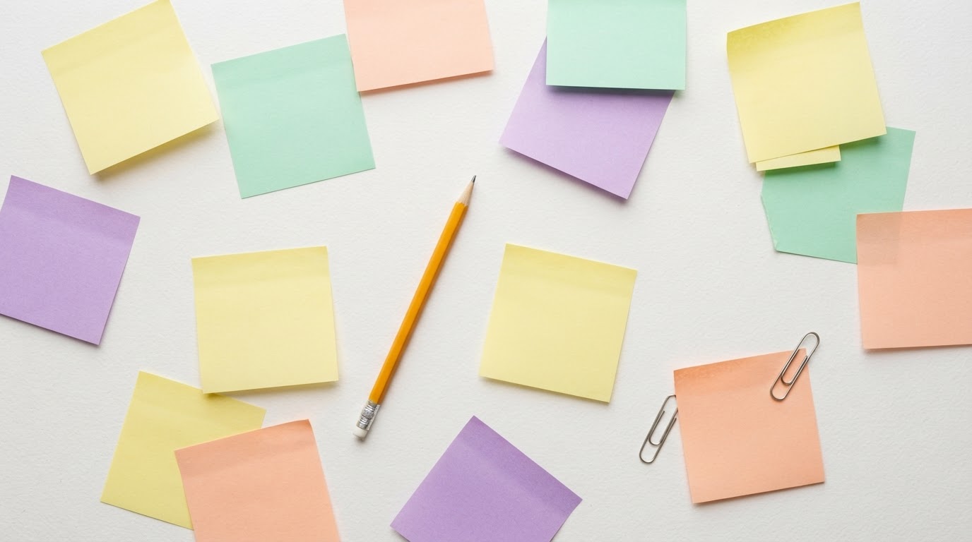 Pastel sticky notes scattered on a white desk