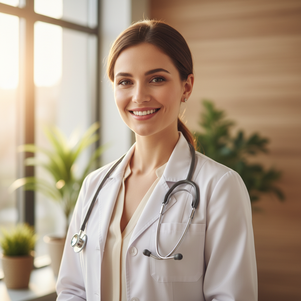 Friendly healthcare provider in a warm, bright clinic