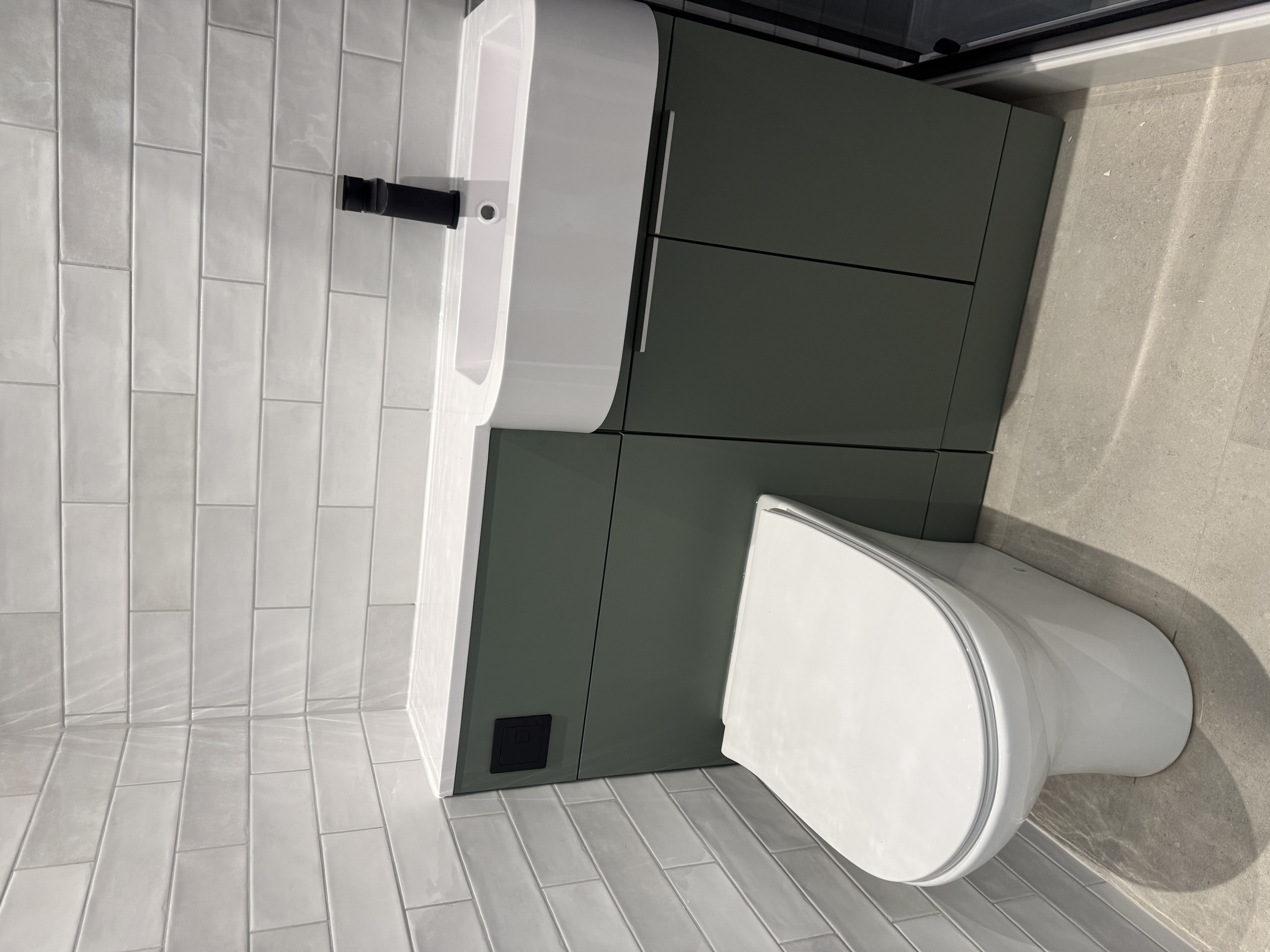 Ensuite bathroom — sage vanity & black tapware