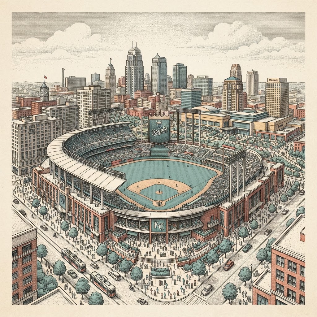 Conceptual editorial illustration of the proposed open-air Kansas City Royals ballpark at the Crown Center district