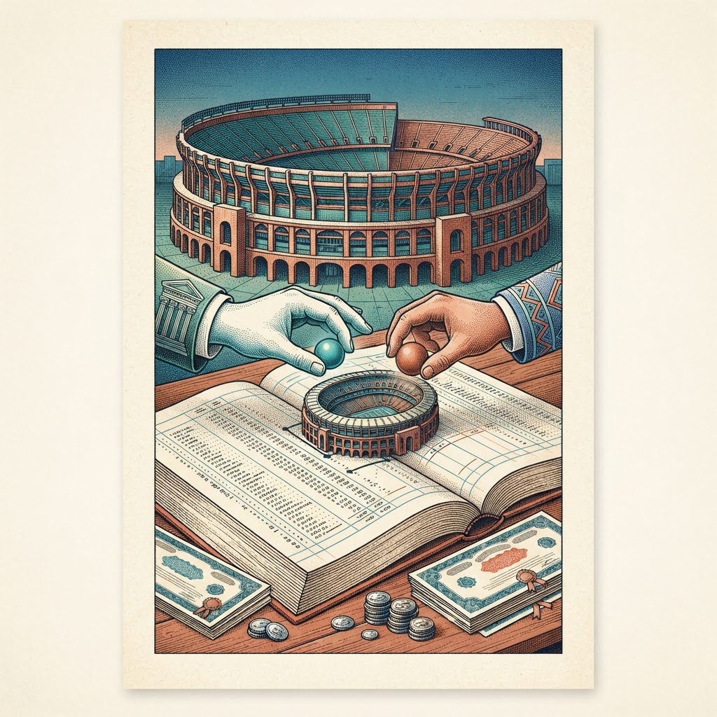 Conceptual illustration of a stadium rising behind a giant ledger book, with public and private hands meeting over a stadium model